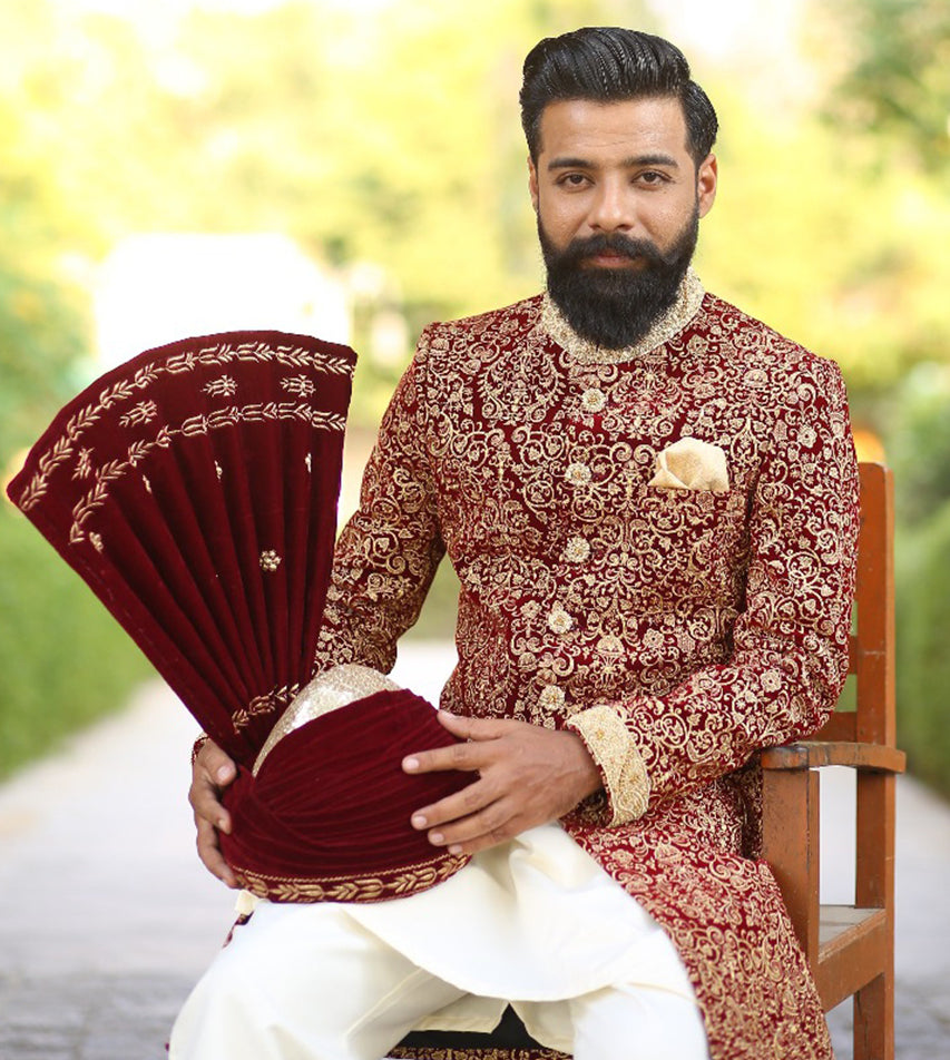 Red Gold Embroidered Velvet Sherwani (3-Piece) - Image 2