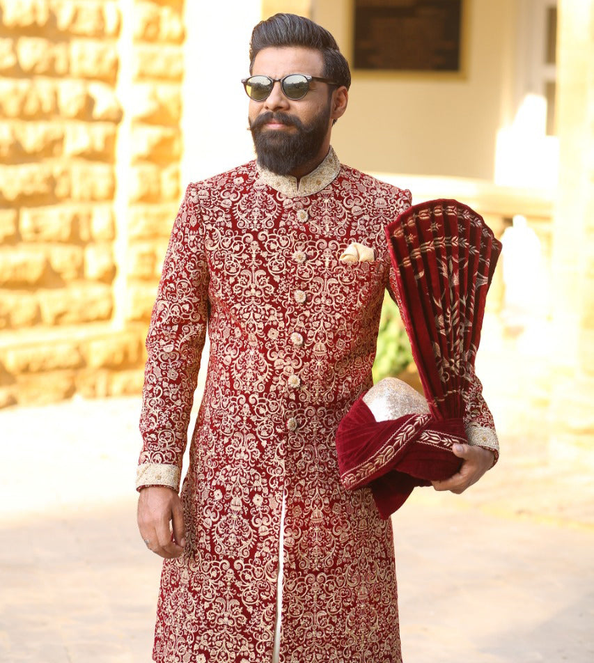 Red Gold Embroidered Velvet Sherwani (3-Piece) - Image 3