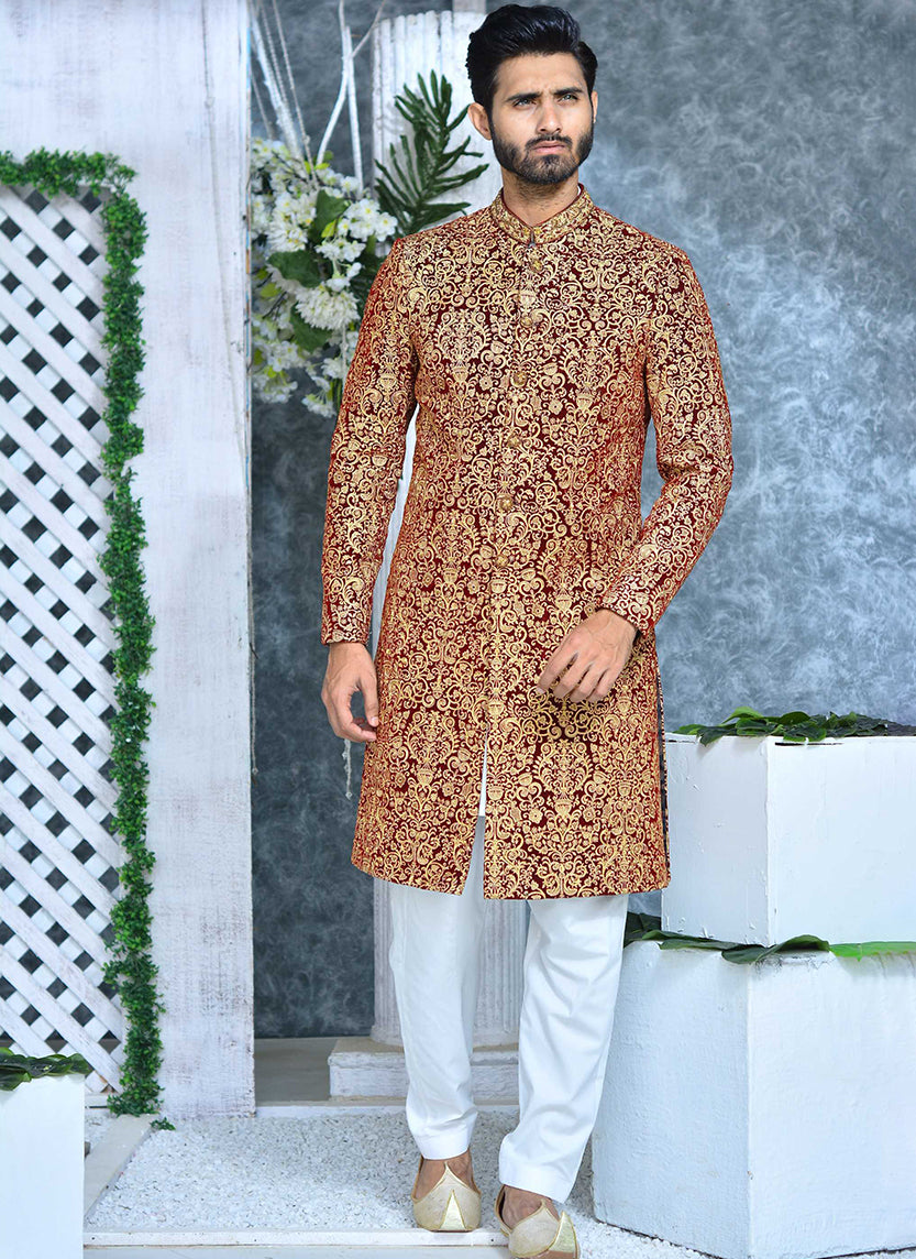 Red Velvet Sherwani with Gold Embroidery (2-Piece) - Image 1