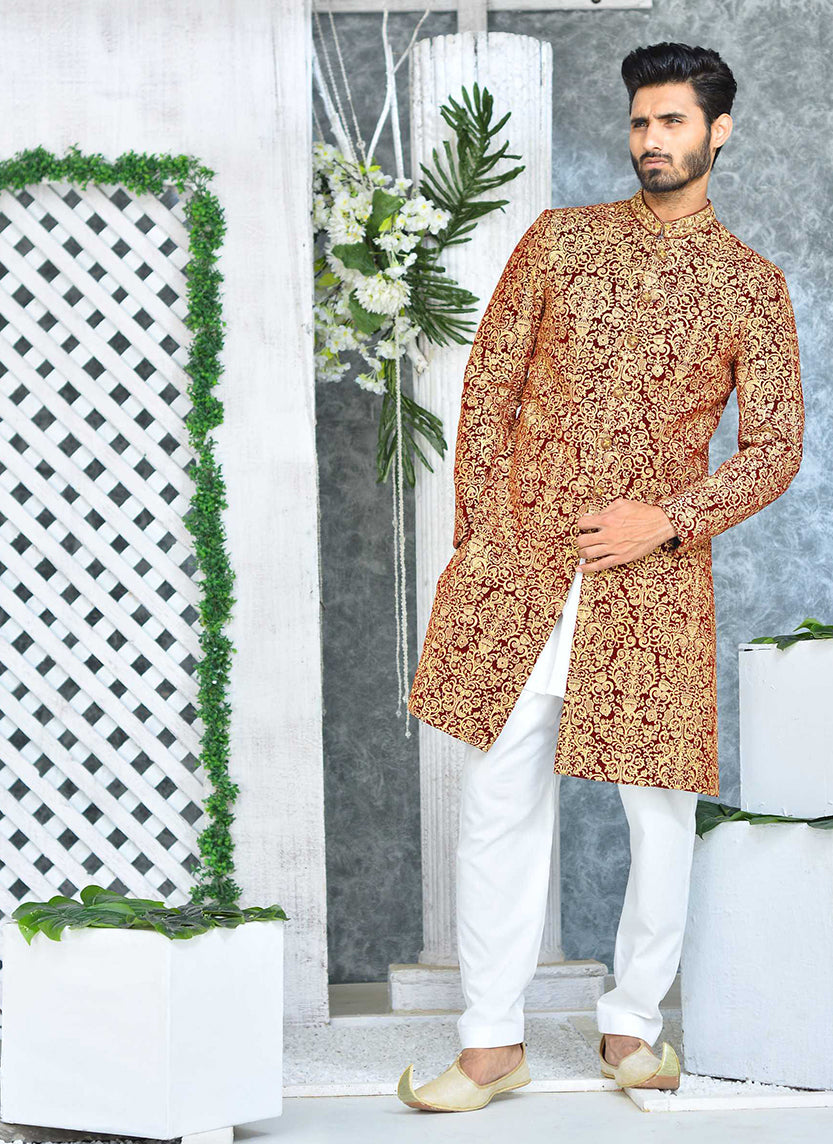 Red Velvet Sherwani with Gold Embroidery (2-Piece) - Image 2