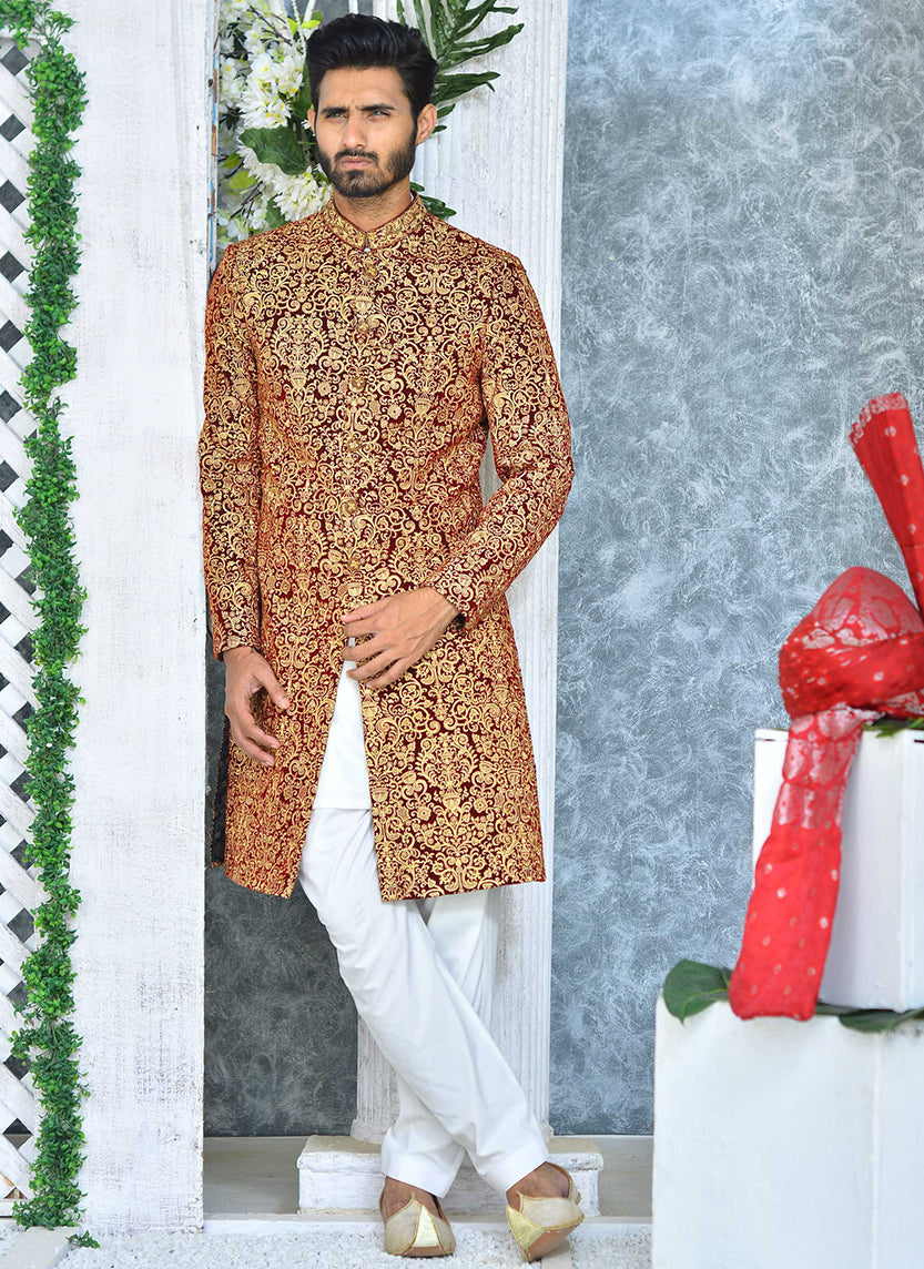 Red Velvet Sherwani with Gold Embroidery (2-Piece) - Image 3