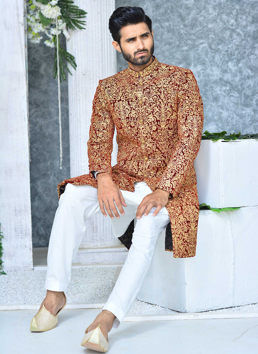 Red Velvet Sherwani with Gold Embroidery (2-Piece) - Image 4