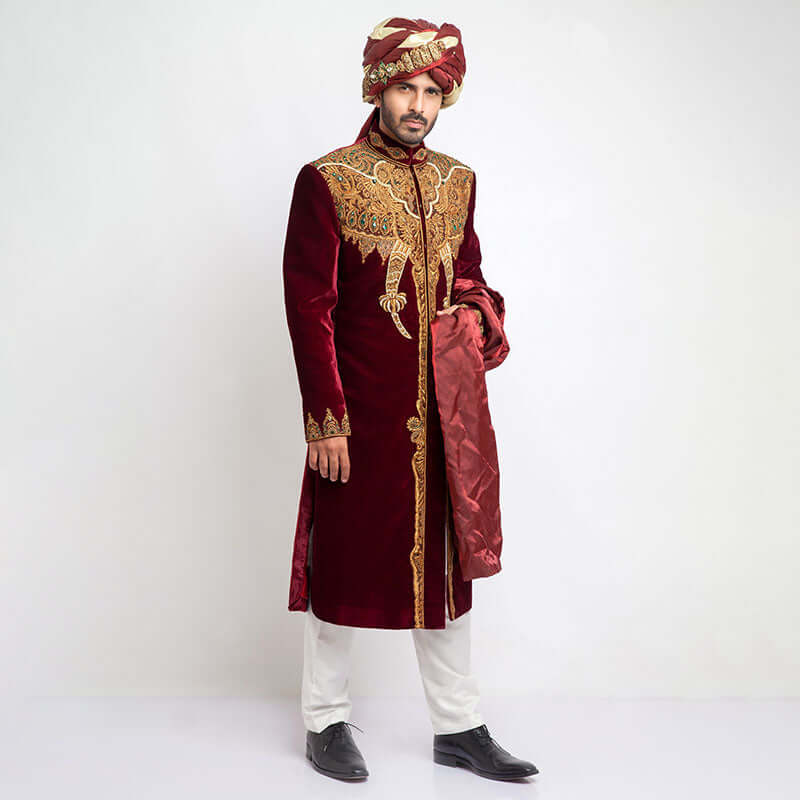 Burnt Red Zardozi Velvet Sherwani (3-Piece) - Image 1