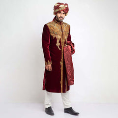 Burnt Red Zardozi Velvet Sherwani (3-Piece) - Image 2