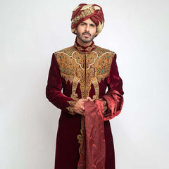 Burnt Red Zardozi Velvet Sherwani (3-Piece) - Image 3