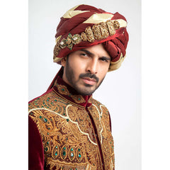 Burnt Red Zardozi Velvet Sherwani (3-Piece) - Image 4