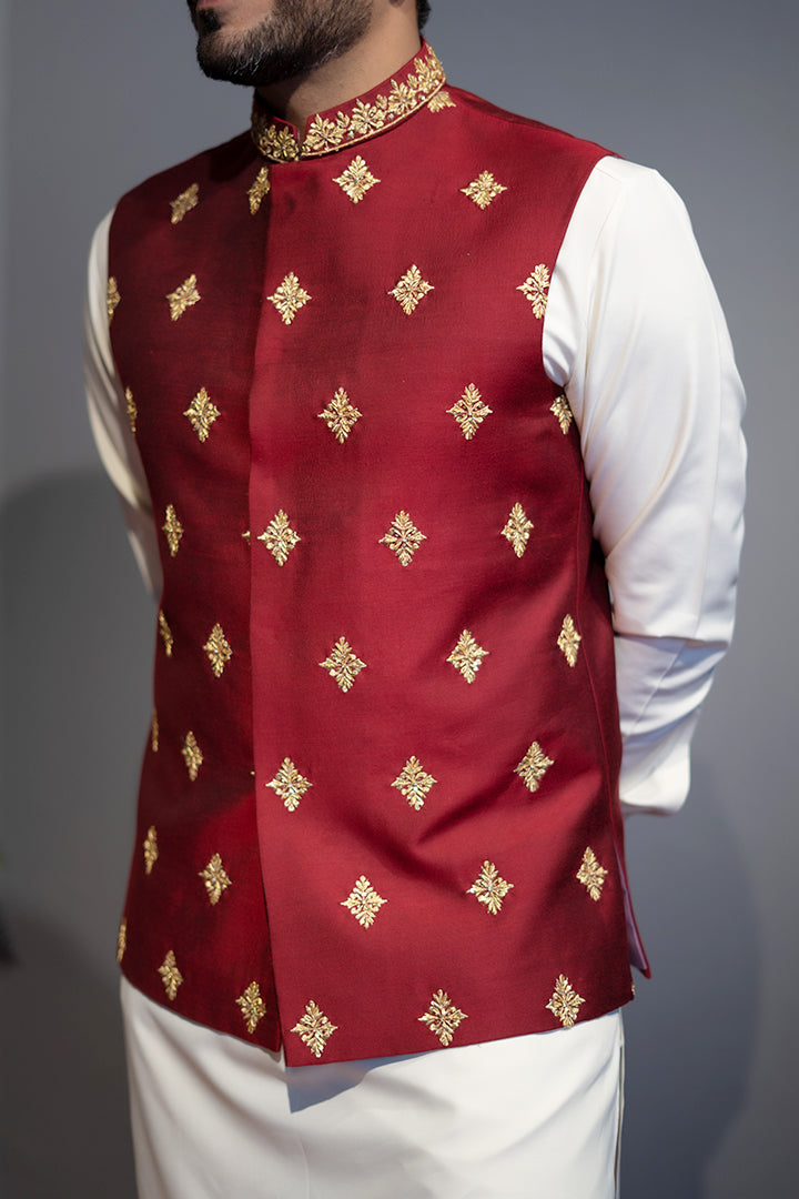 Burn Red Hand-Embroidered Cotton Silk Waistcoat (2-Piece) - Image 3