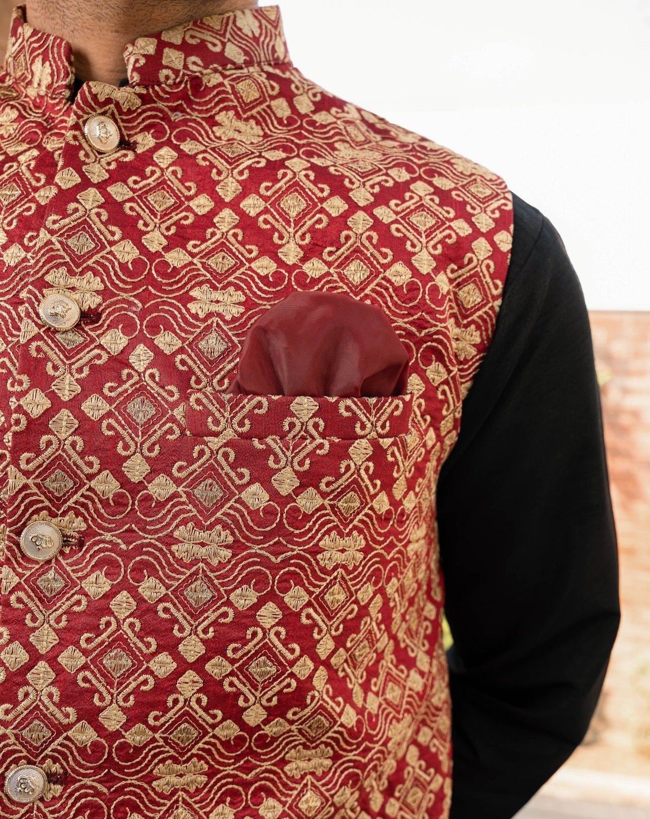 Red Embroidered Jamawar Waistcoat (1-Pc) - Image 3