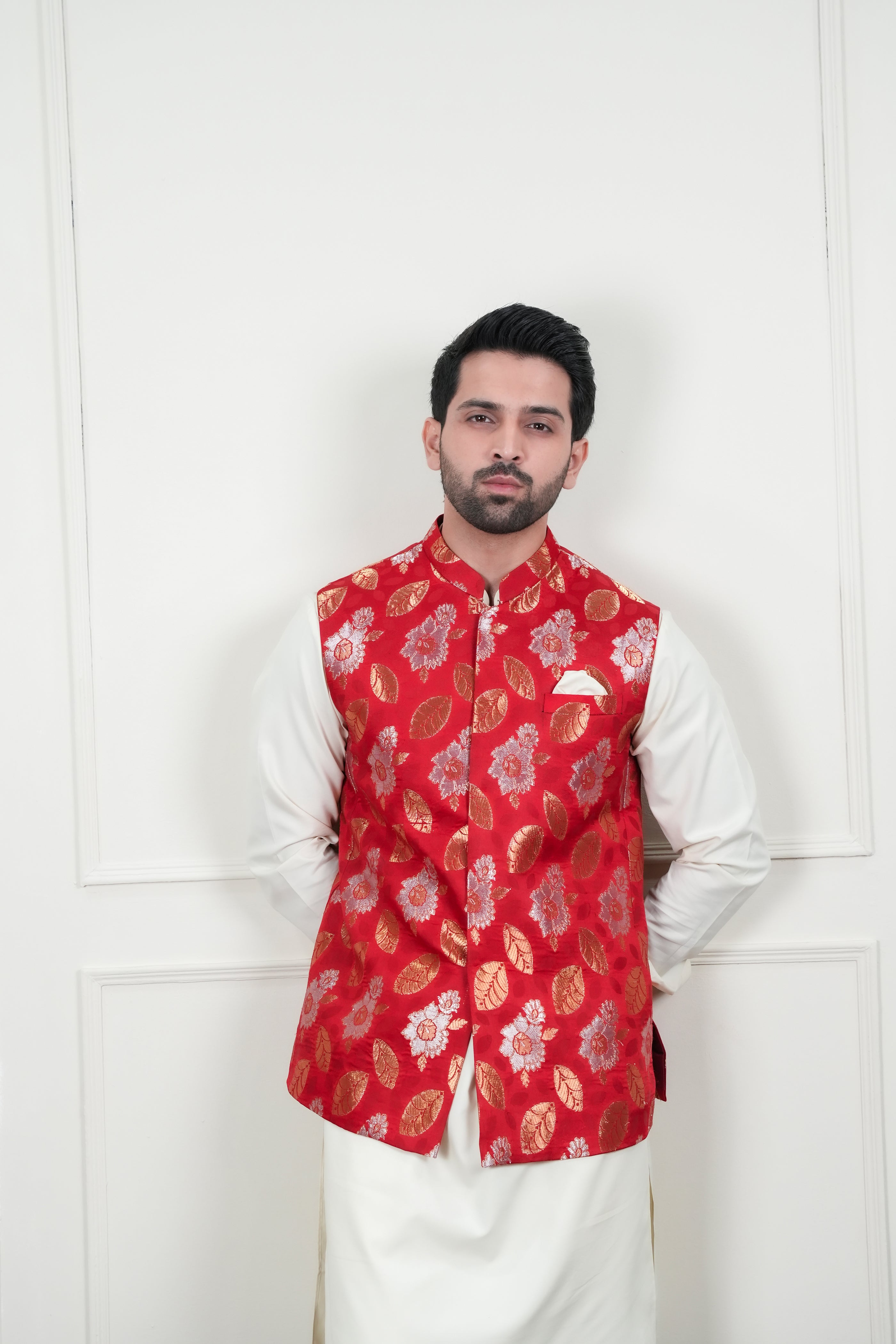 Red Jamawar Waistcoat Kurta Pajama (3-Piece) - Image 2