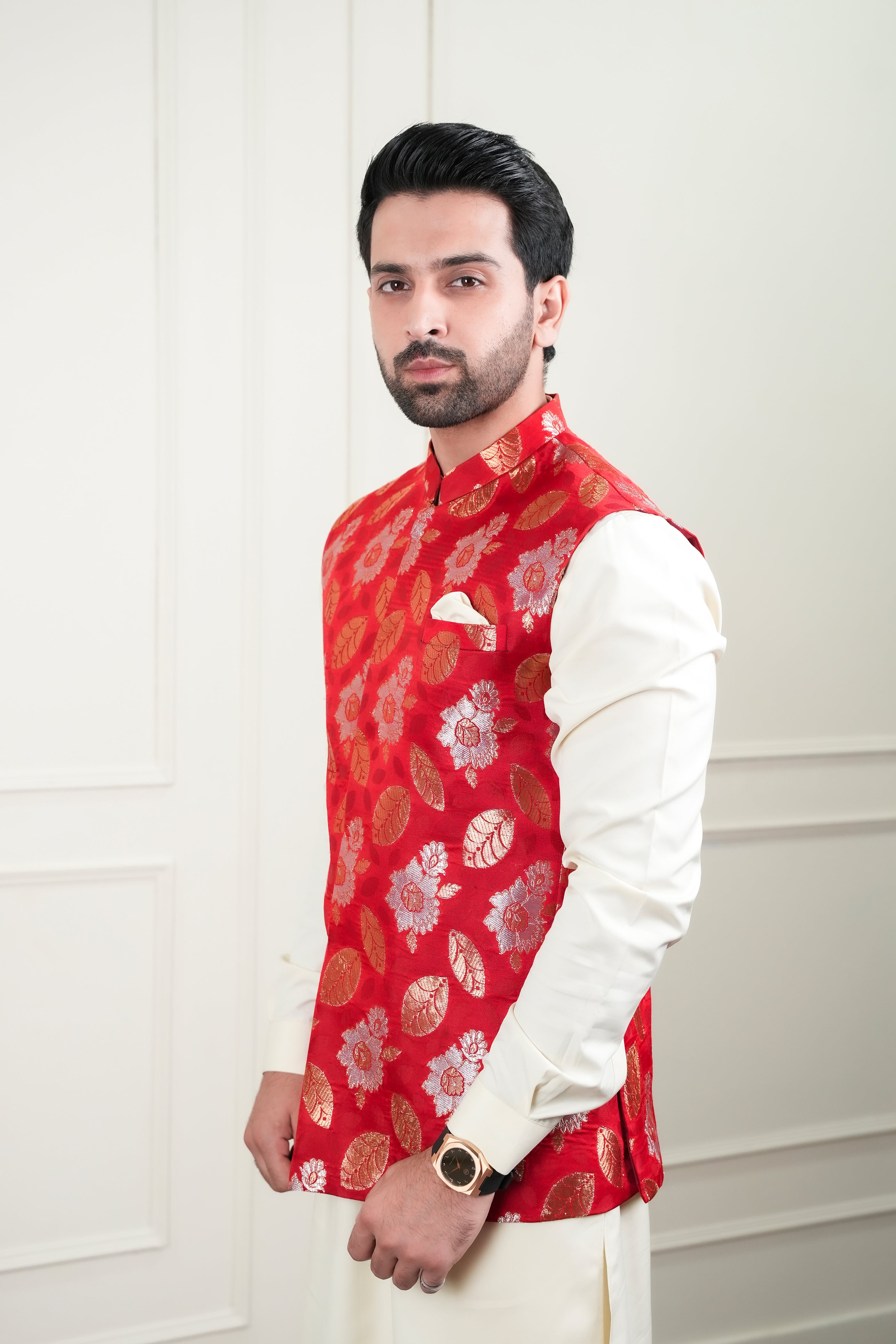 Red Jamawar Waistcoat Kurta Pajama (3-Piece) - Image 5