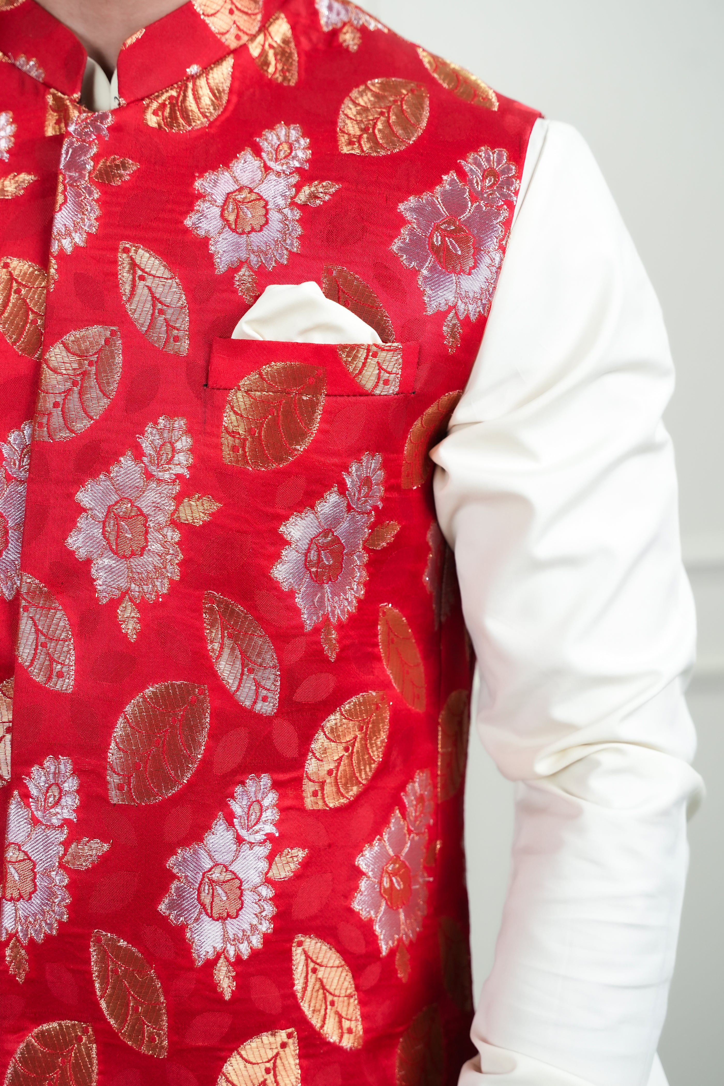 Red Jamawar Waistcoat Kurta Pajama (3-Piece) - Image 6