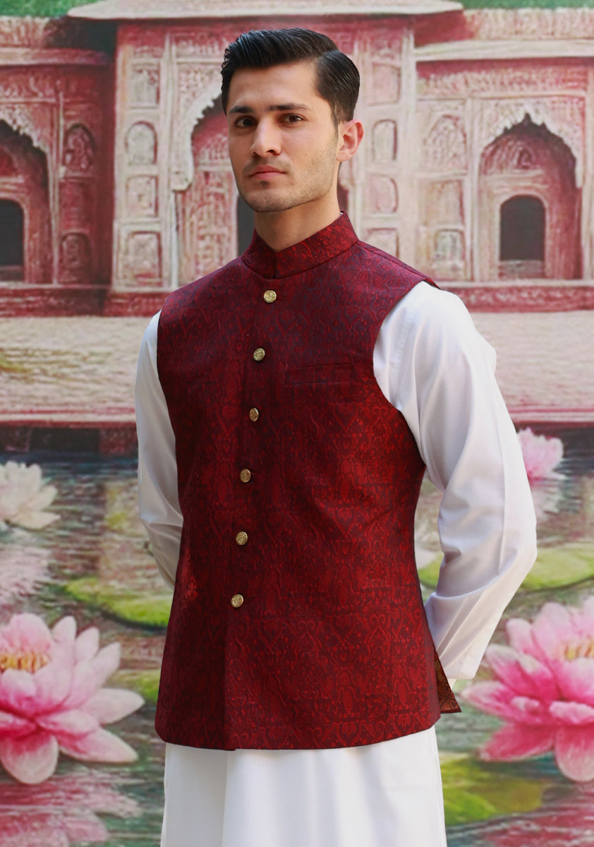 Haute Red Woven Jacquard Karandi Jamawar Waistcoat (3-Piece) - Image 2