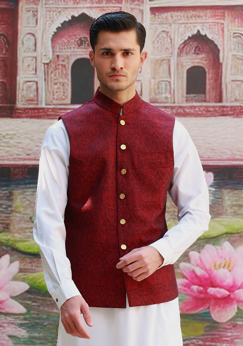 Haute Red Woven Jacquard Karandi Jamawar Waistcoat (3-Piece) - Image 3