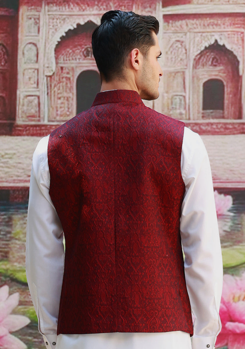 Haute Red Woven Jacquard Karandi Jamawar Waistcoat (3-Piece) - Image 5