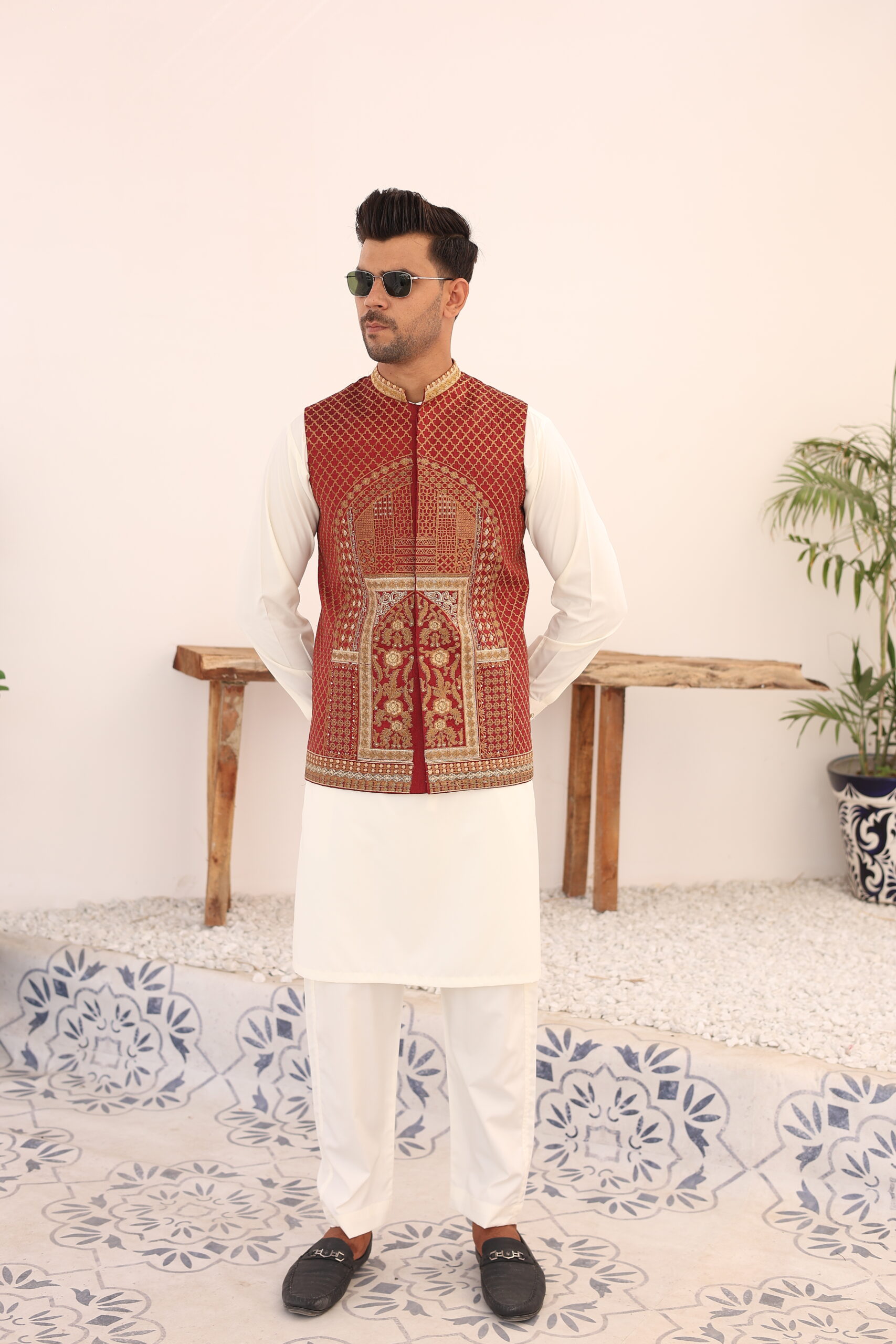 Red Mesuri Waistcoat with Gold Woven Motifs (2-Piece) - Image 1