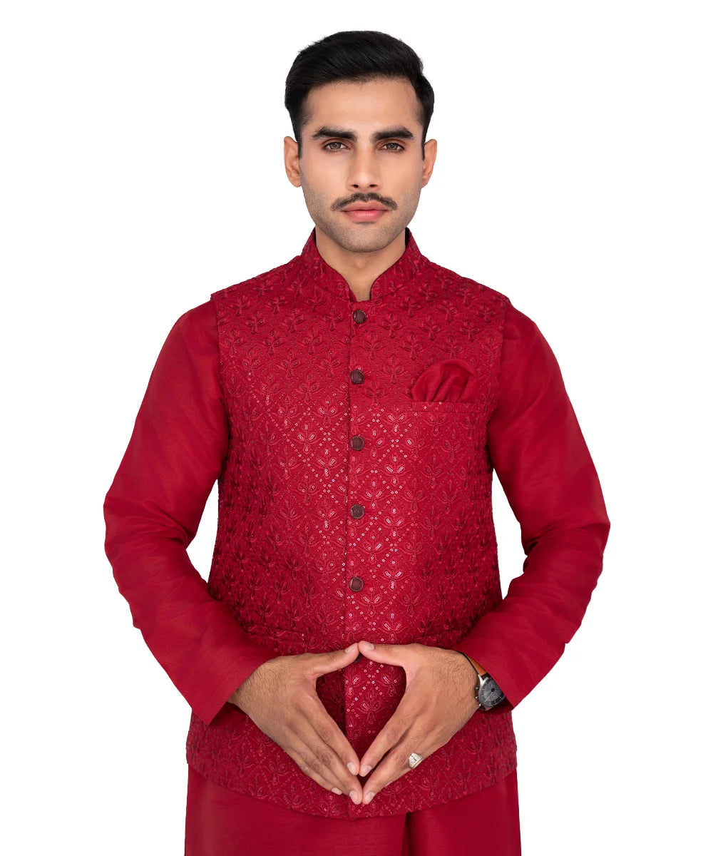 Deep Red Embroidered Masoori Waistcoat Kurta (3-Piece) - Image 1