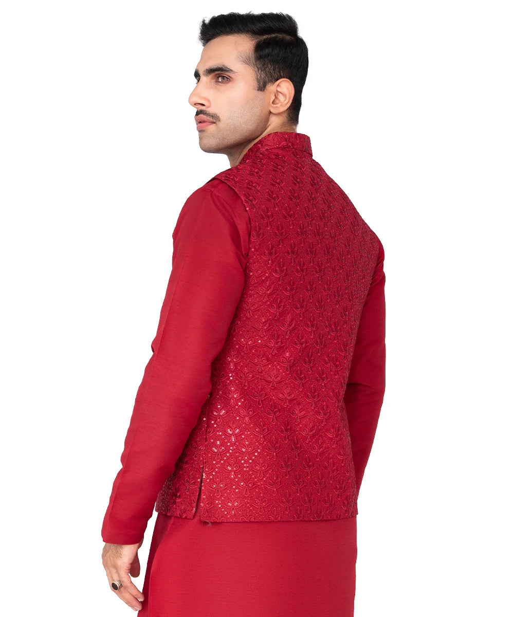 Deep Red Embroidered Masoori Waistcoat Kurta (3-Piece) - Image 2