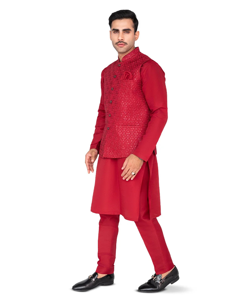 Deep Red Embroidered Masoori Waistcoat Kurta (3-Piece) - Image 3