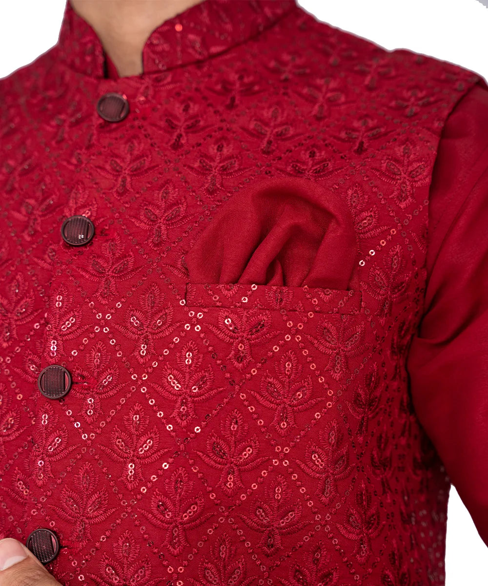 Deep Red Embroidered Masoori Waistcoat Kurta (3-Piece) - Image 4