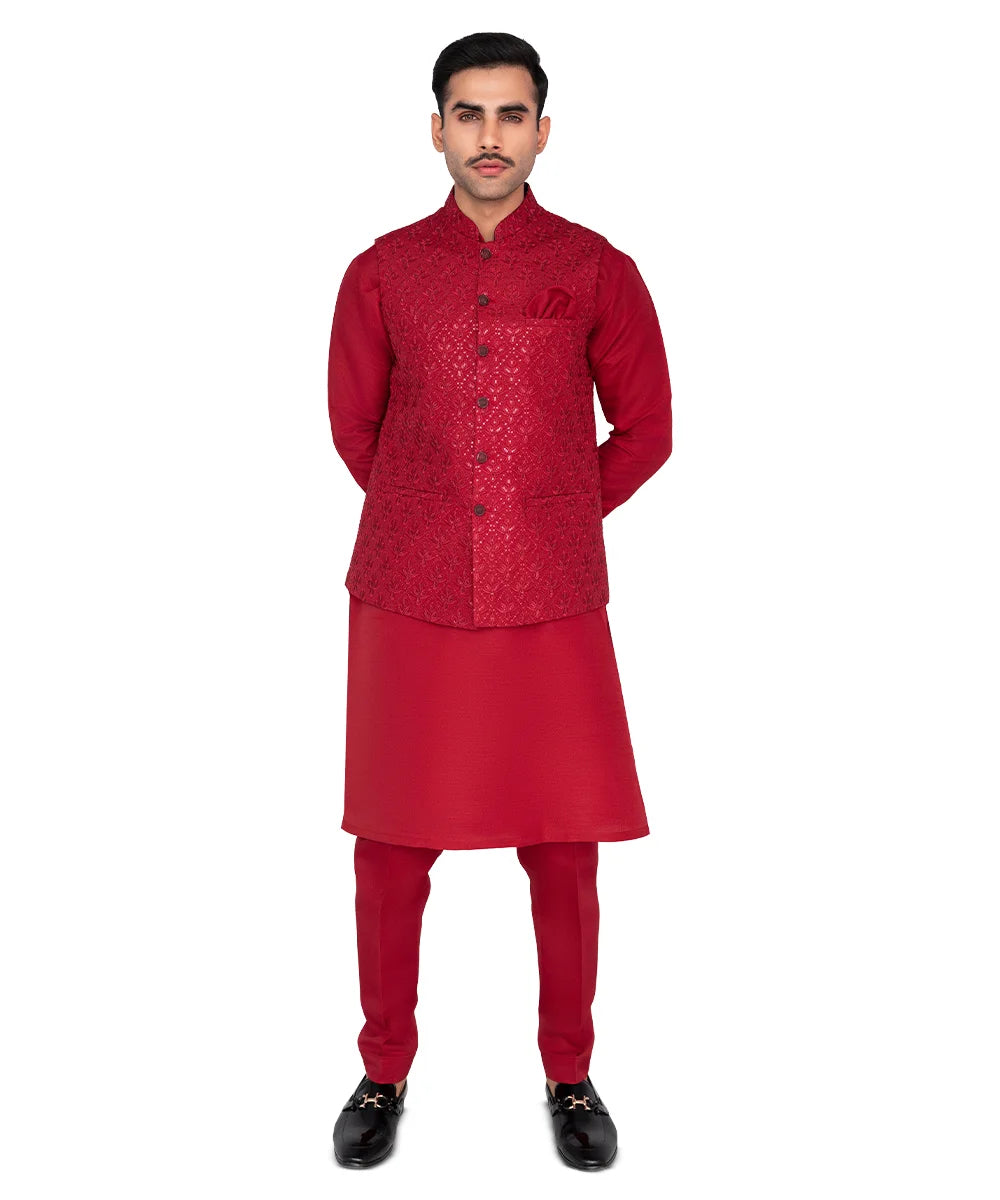 Deep Red Embroidered Masoori Waistcoat Kurta (3-Piece) - Image 5