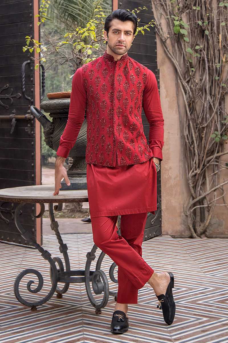 Red Hand-Embroidered Raw Silk Waistcoat Kurta (3-Piece) - Image 1