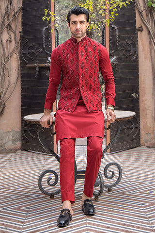 Red Hand-Embroidered Raw Silk Waistcoat Kurta (3-Piece) - Image 4