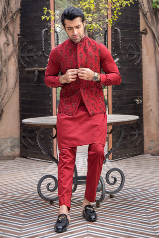 Red Hand-Embroidered Raw Silk Waistcoat Kurta (3-Piece) - Image 5