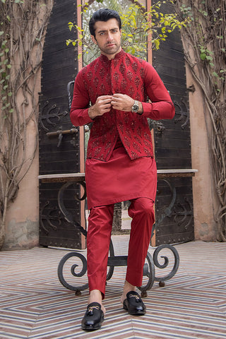 Red Hand-Embroidered Raw Silk Waistcoat Kurta (3-Piece) - Image 6