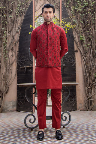 Red Hand-Embroidered Raw Silk Waistcoat Kurta (3-Piece) - Image 7