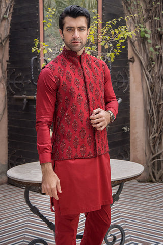 Red Hand-Embroidered Raw Silk Waistcoat Kurta (3-Piece) - Image 8