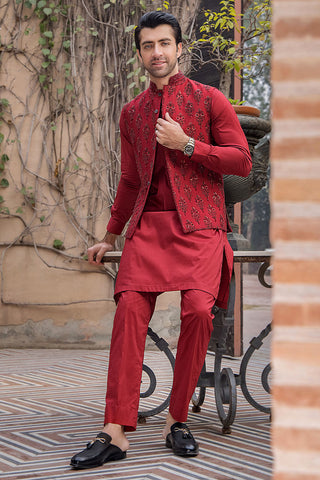 Red Hand-Embroidered Raw Silk Waistcoat Kurta (3-Piece) - Image 9