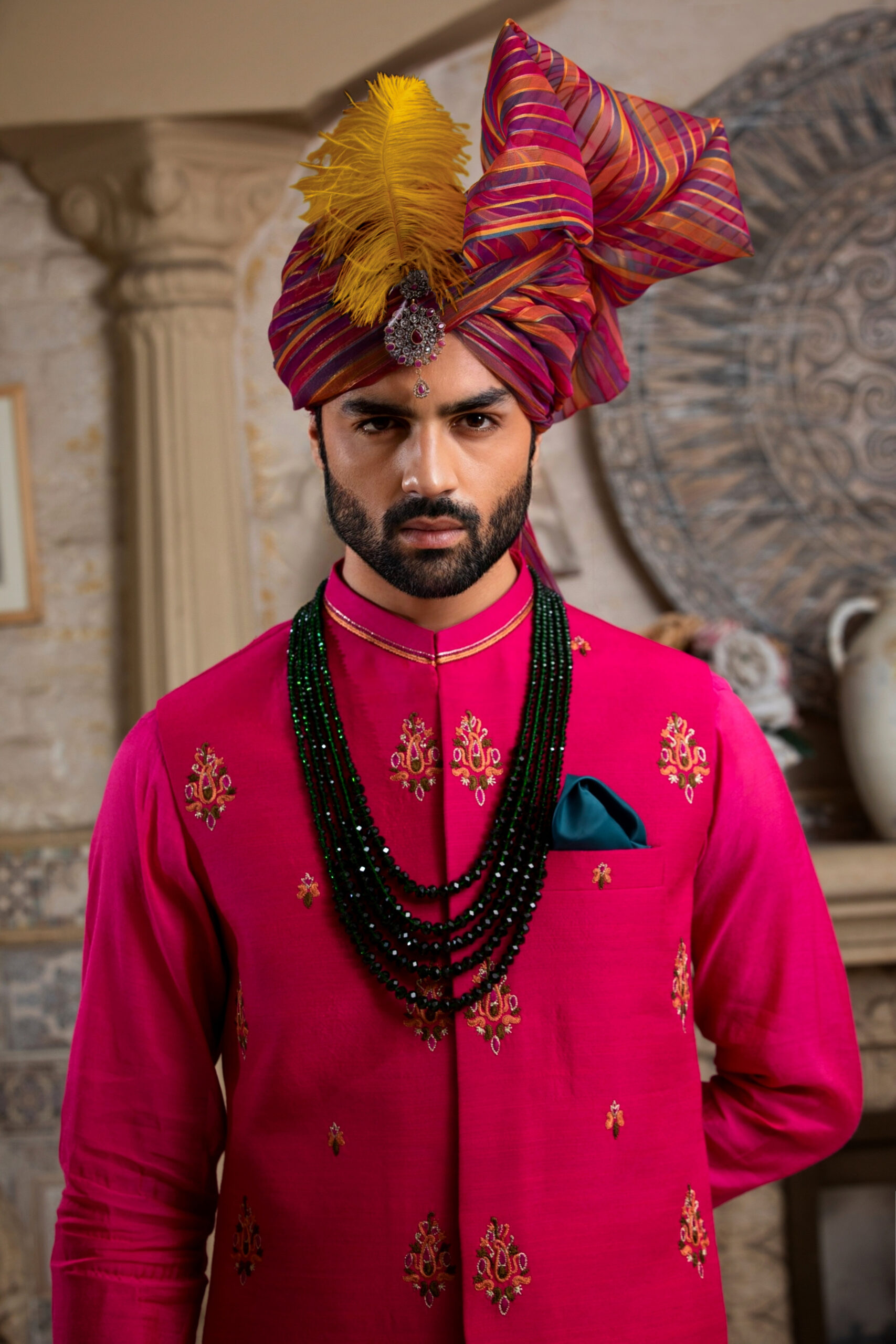 Ruby Red Embroidered Silk-Blend Waistcoat Kurta (3-Piece) - Image 1
