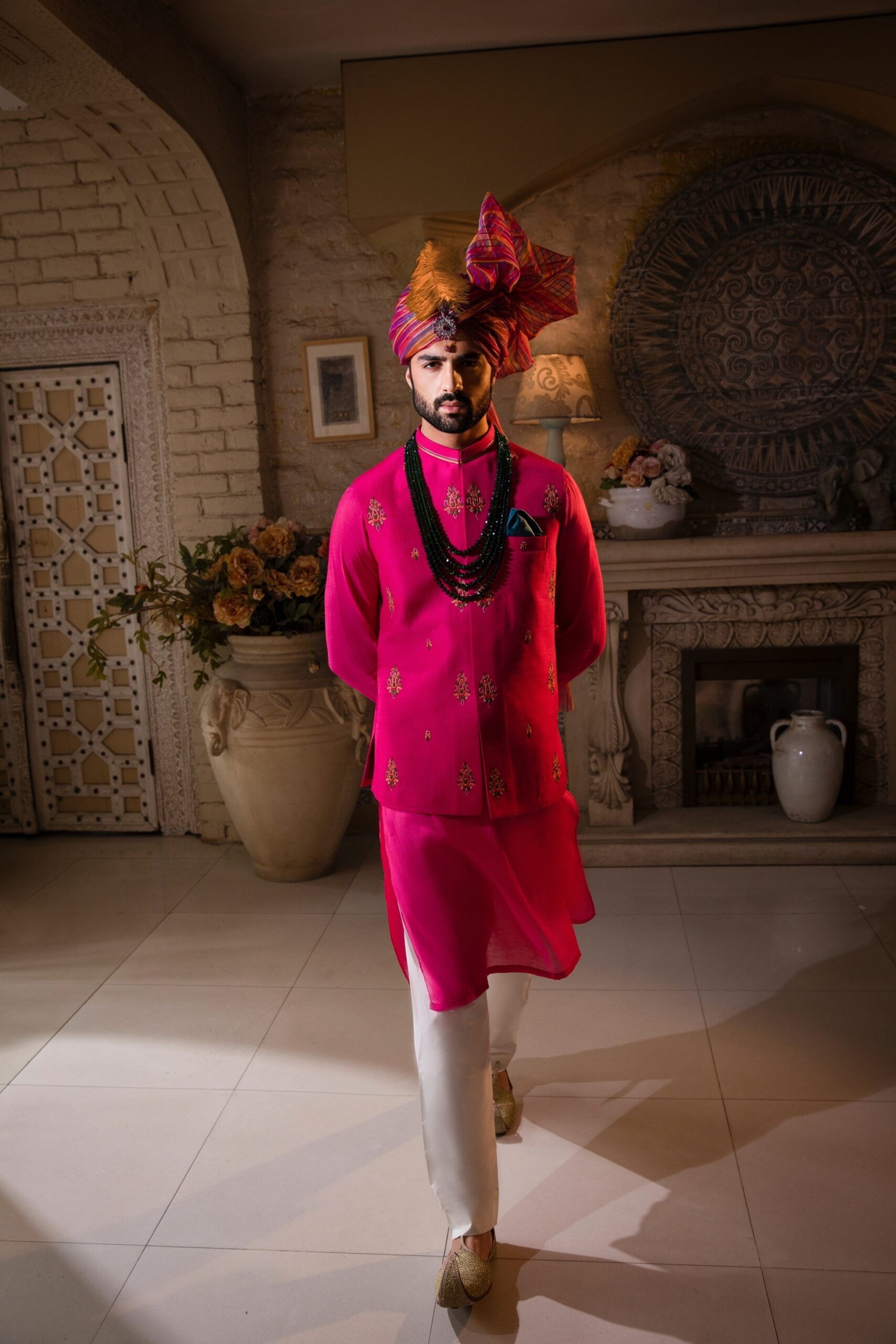 Ruby Red Embroidered Silk-Blend Waistcoat Kurta (3-Piece) - Image 2