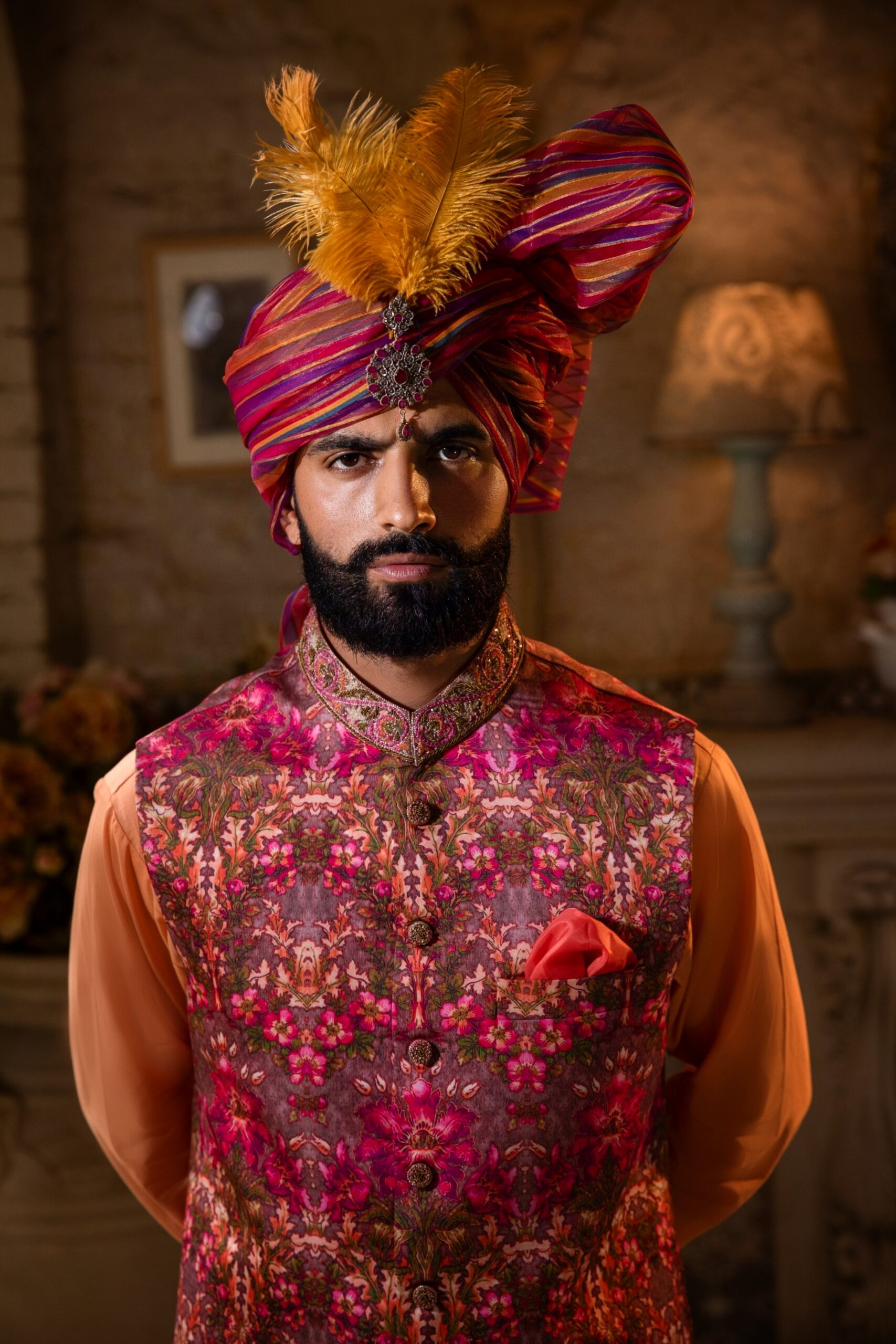 Cardinal Printed Silk-Blend Waistcoat Kurta (3-Piece) - Image 1