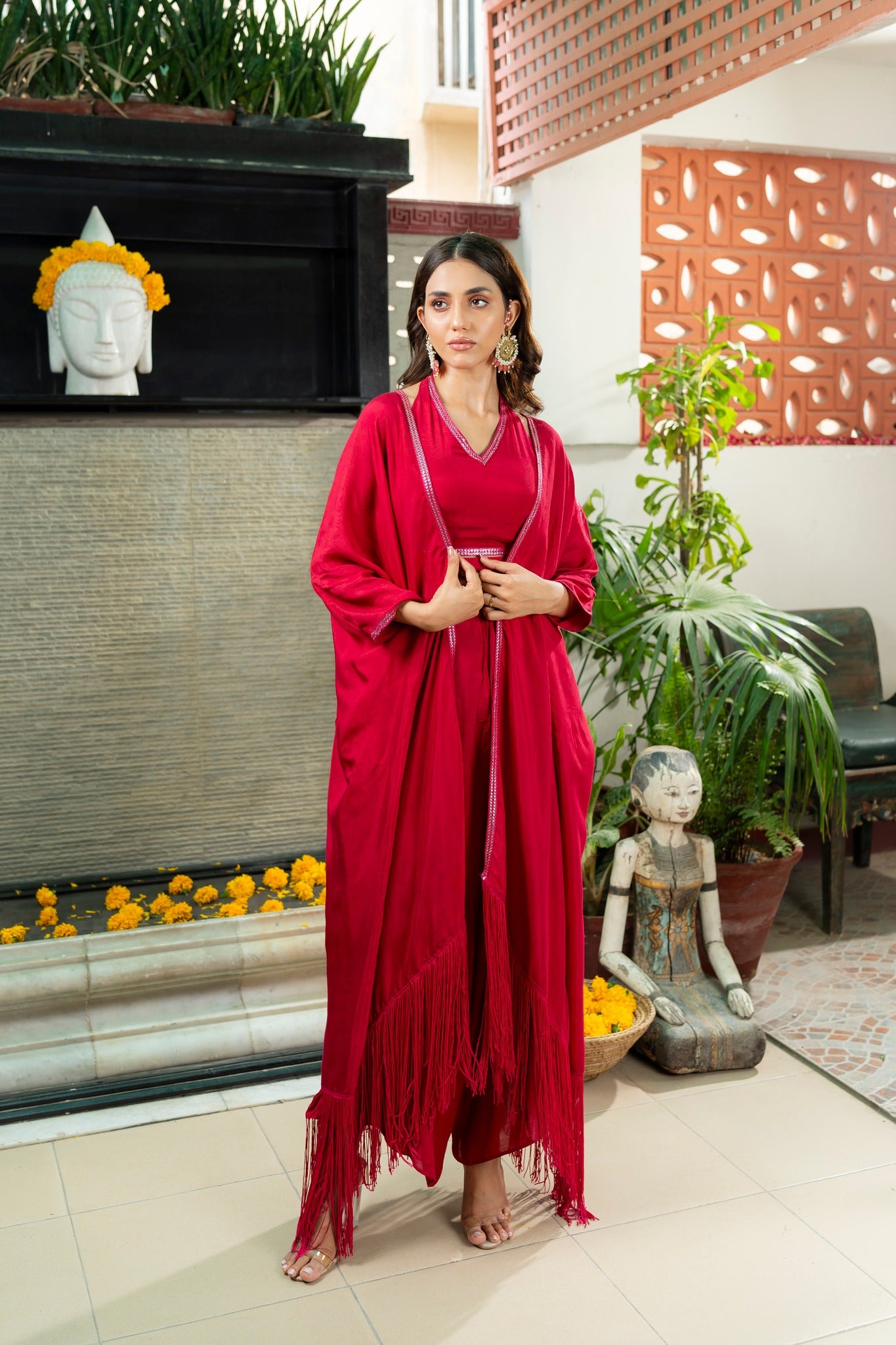 Pakistani Crimson Embroidered Cotton Silk Cape Set (3-Piece) - Image 1