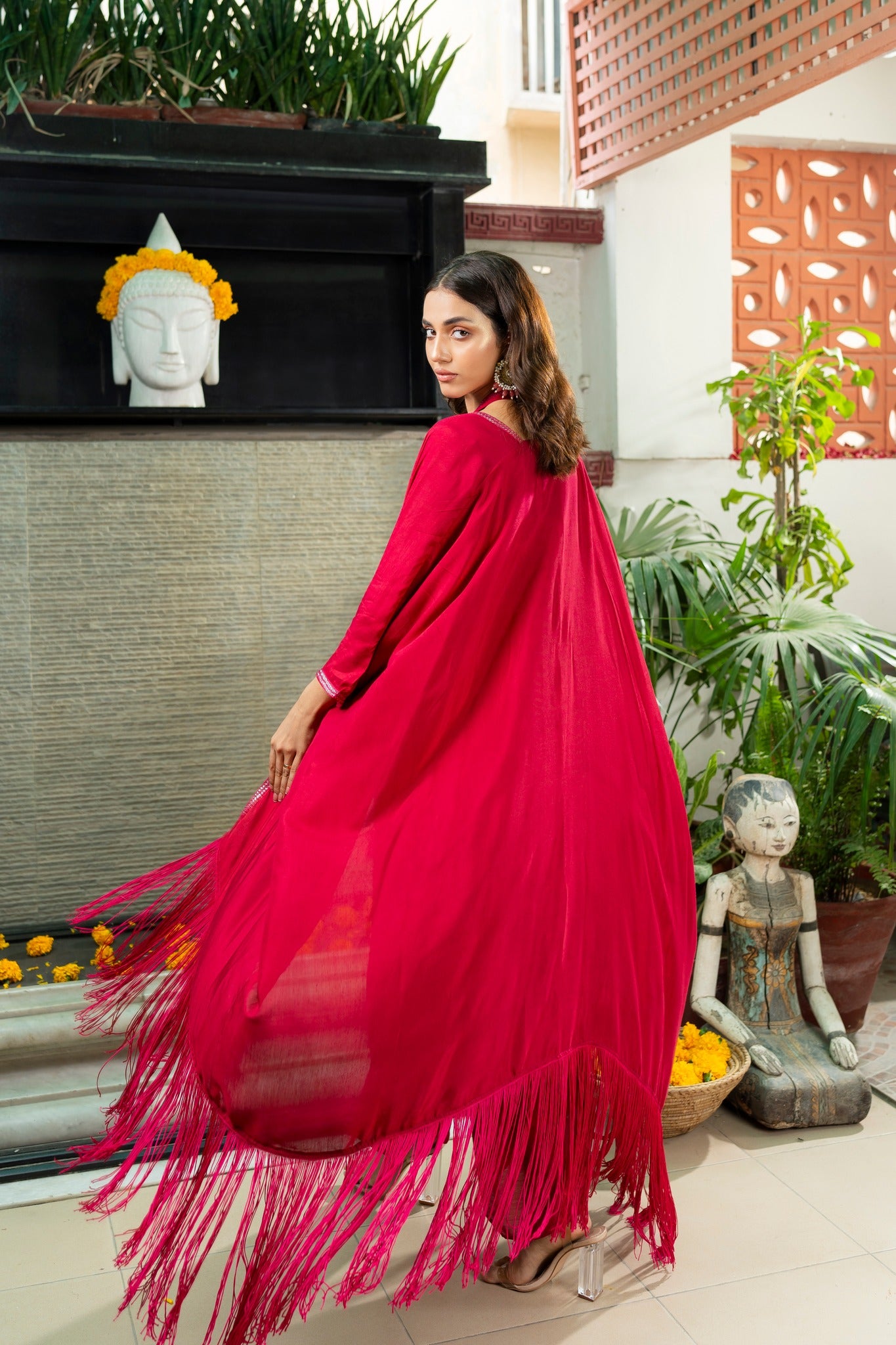 Pakistani Crimson Embroidered Cotton Silk Cape Set (3-Piece) - Image 2