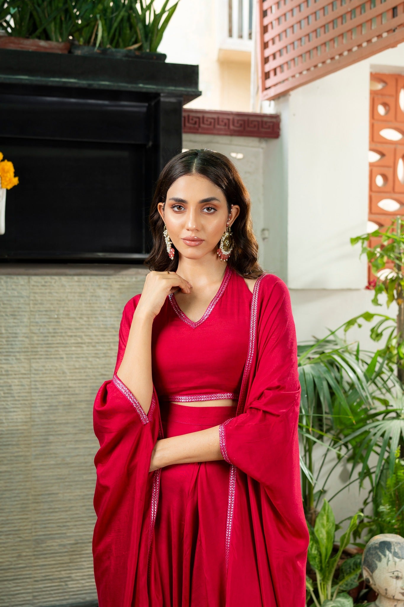 Pakistani Crimson Embroidered Cotton Silk Cape Set (3-Piece) - Image 3