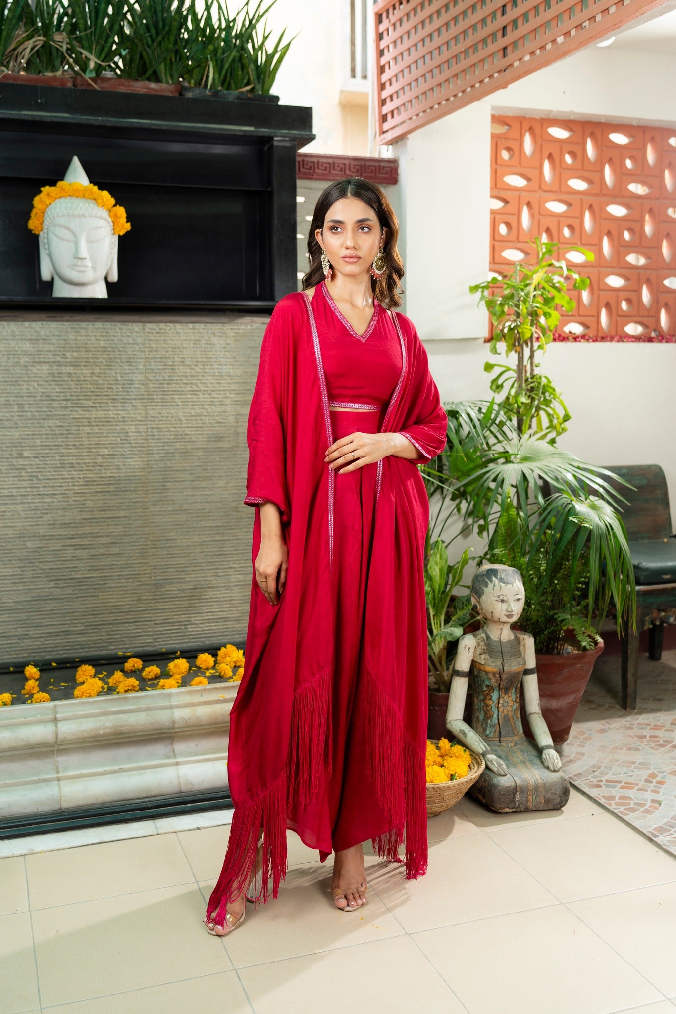 Pakistani Crimson Embroidered Cotton Silk Cape Set (3-Piece) - Image 5