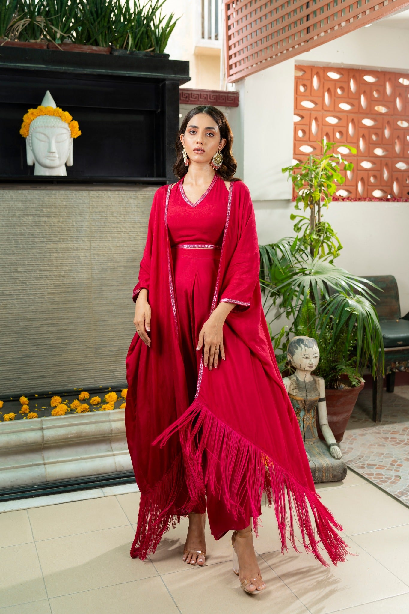 Pakistani Crimson Embroidered Cotton Silk Cape Set (3-Piece) - Image 6