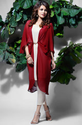 Pakistani Red Georgette Cape with Metal Buckle (1-Pc) - Image 3