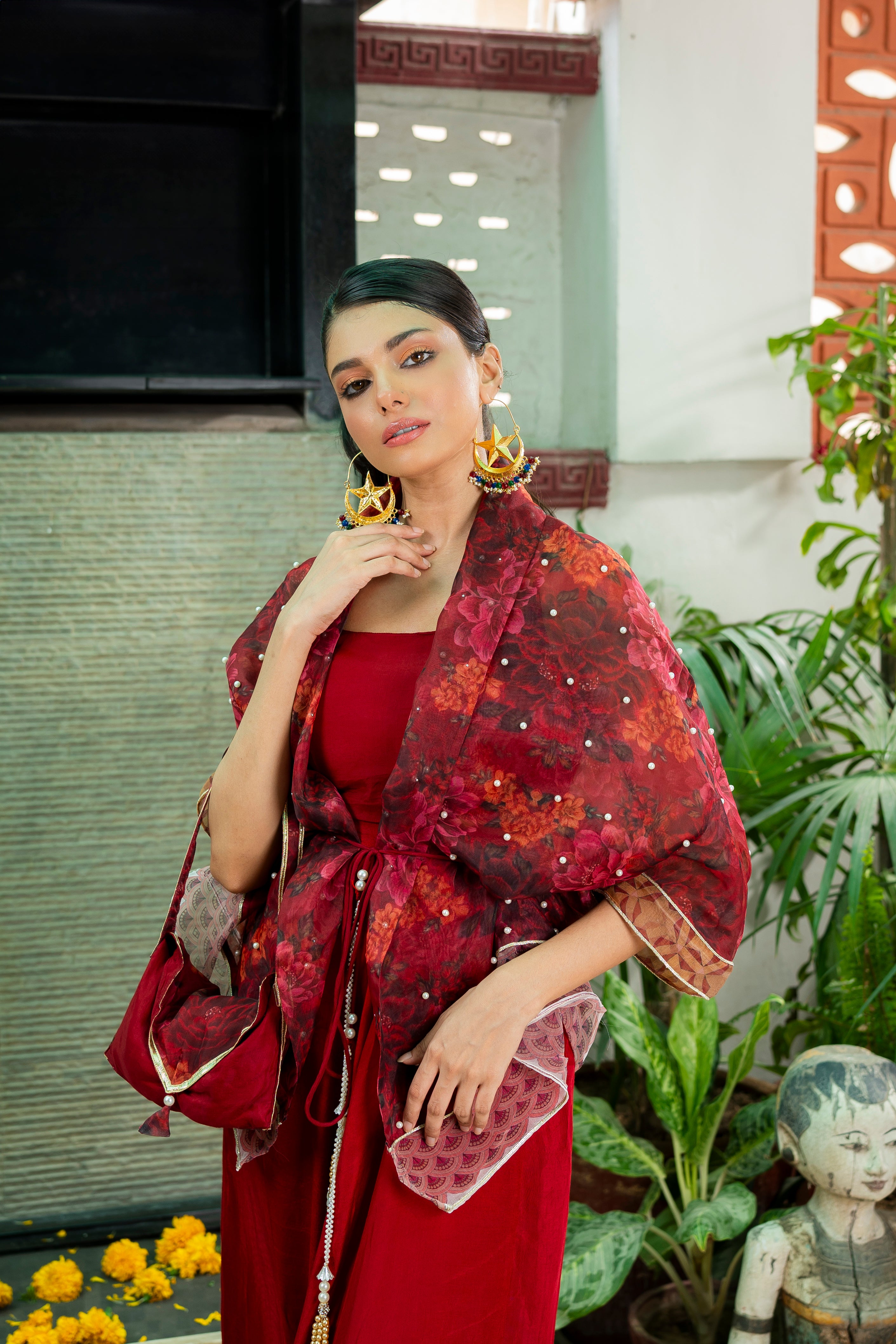 Deep Red Printed Organza & Cotton Silk Cape Set (3-Piece) - Image 1