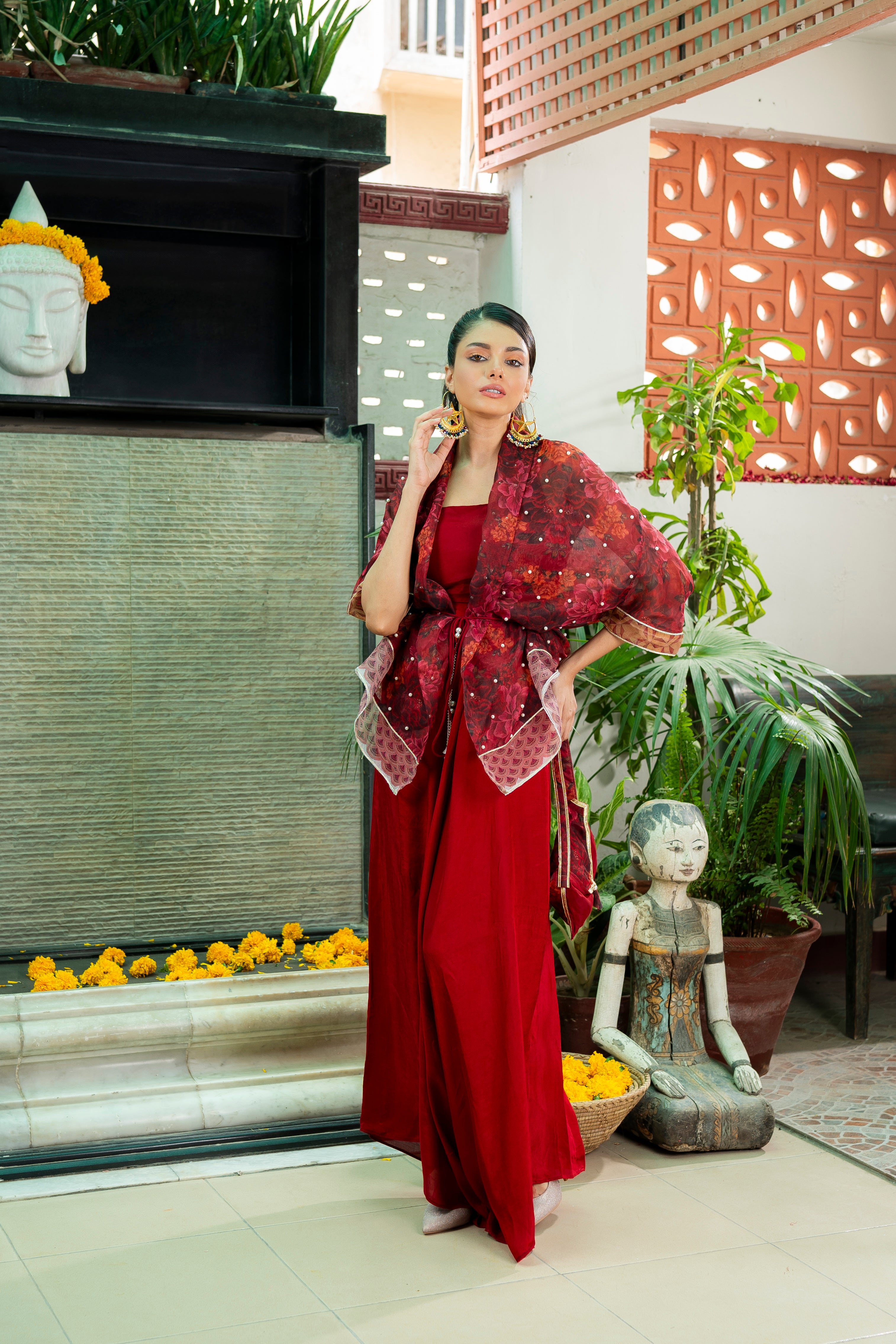 Deep Red Printed Organza & Cotton Silk Cape Set (3-Piece) - Image 2