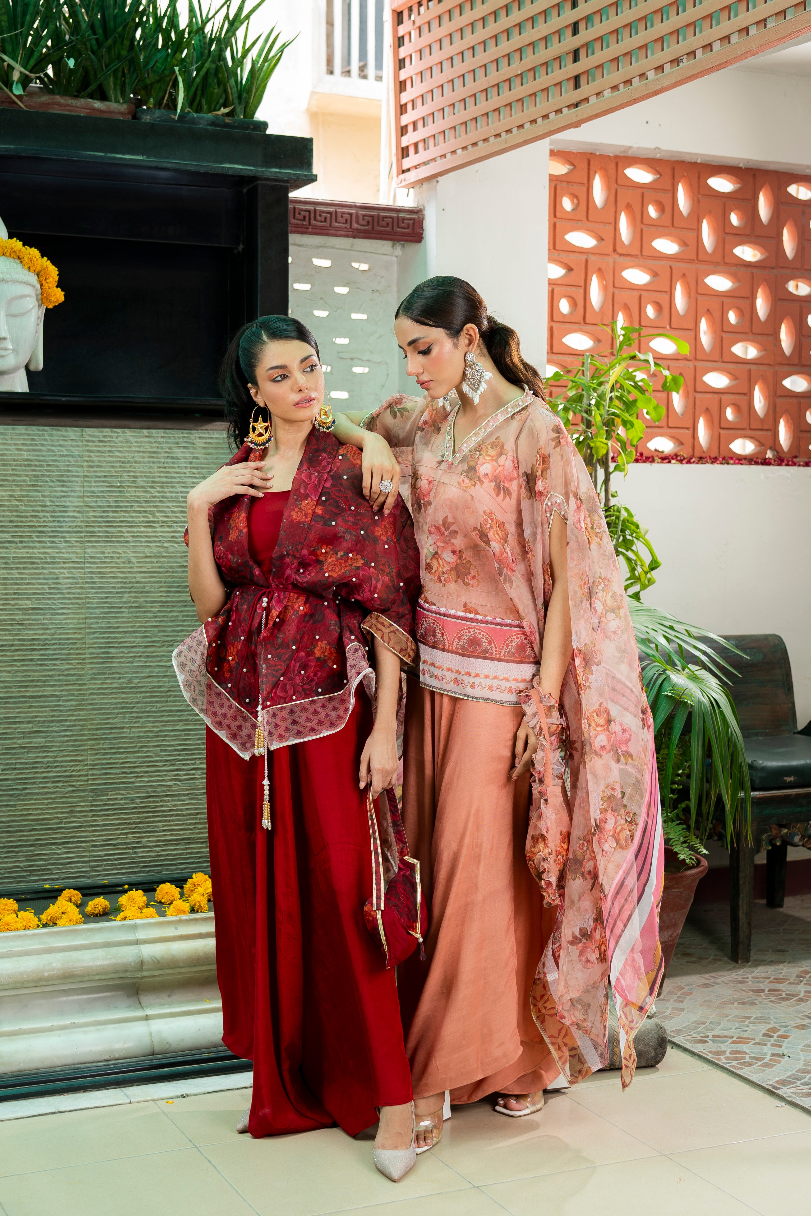 Deep Red Printed Organza & Cotton Silk Cape Set (3-Piece) - Image 3