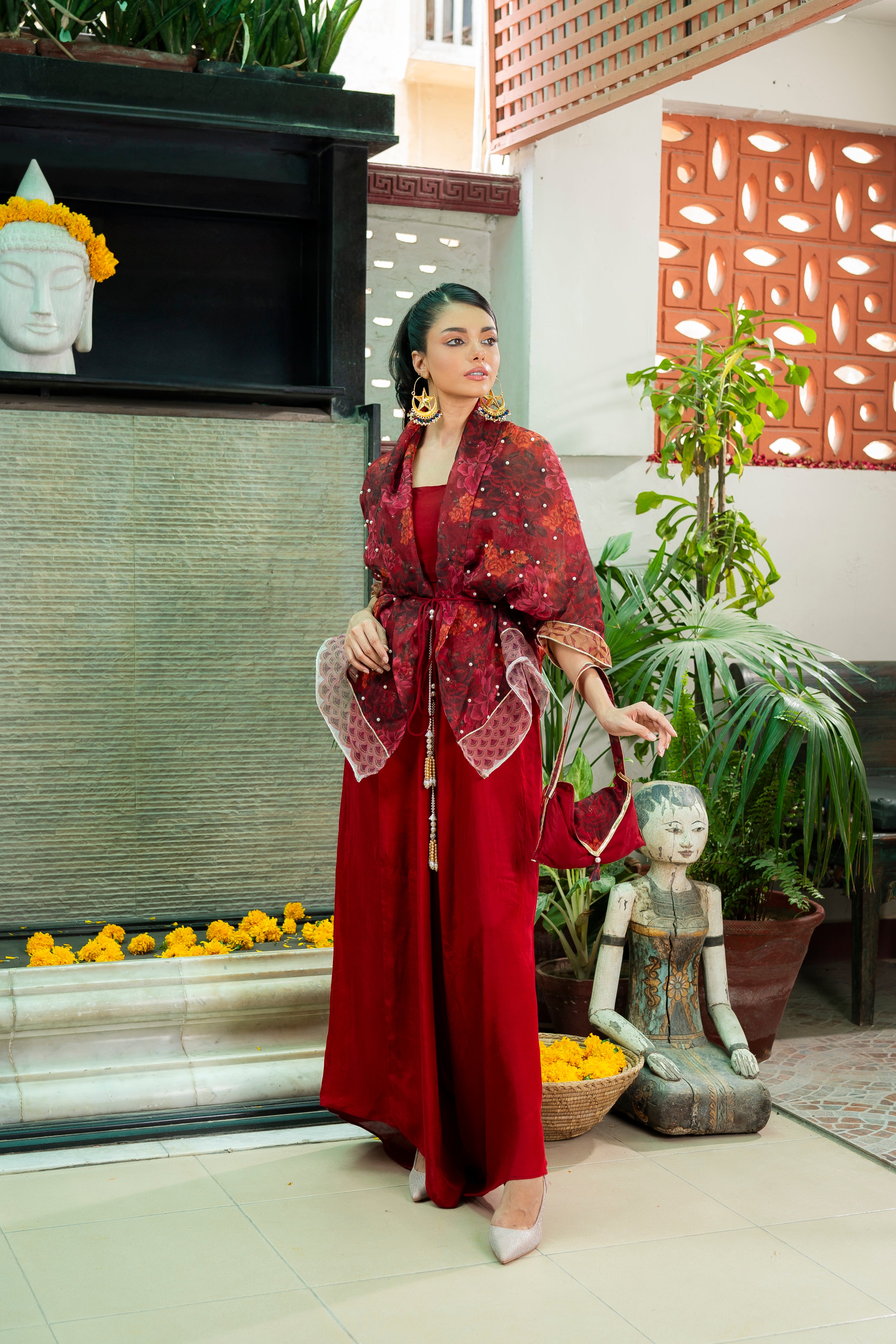 Deep Red Printed Organza & Cotton Silk Cape Set (3-Piece) - Image 4