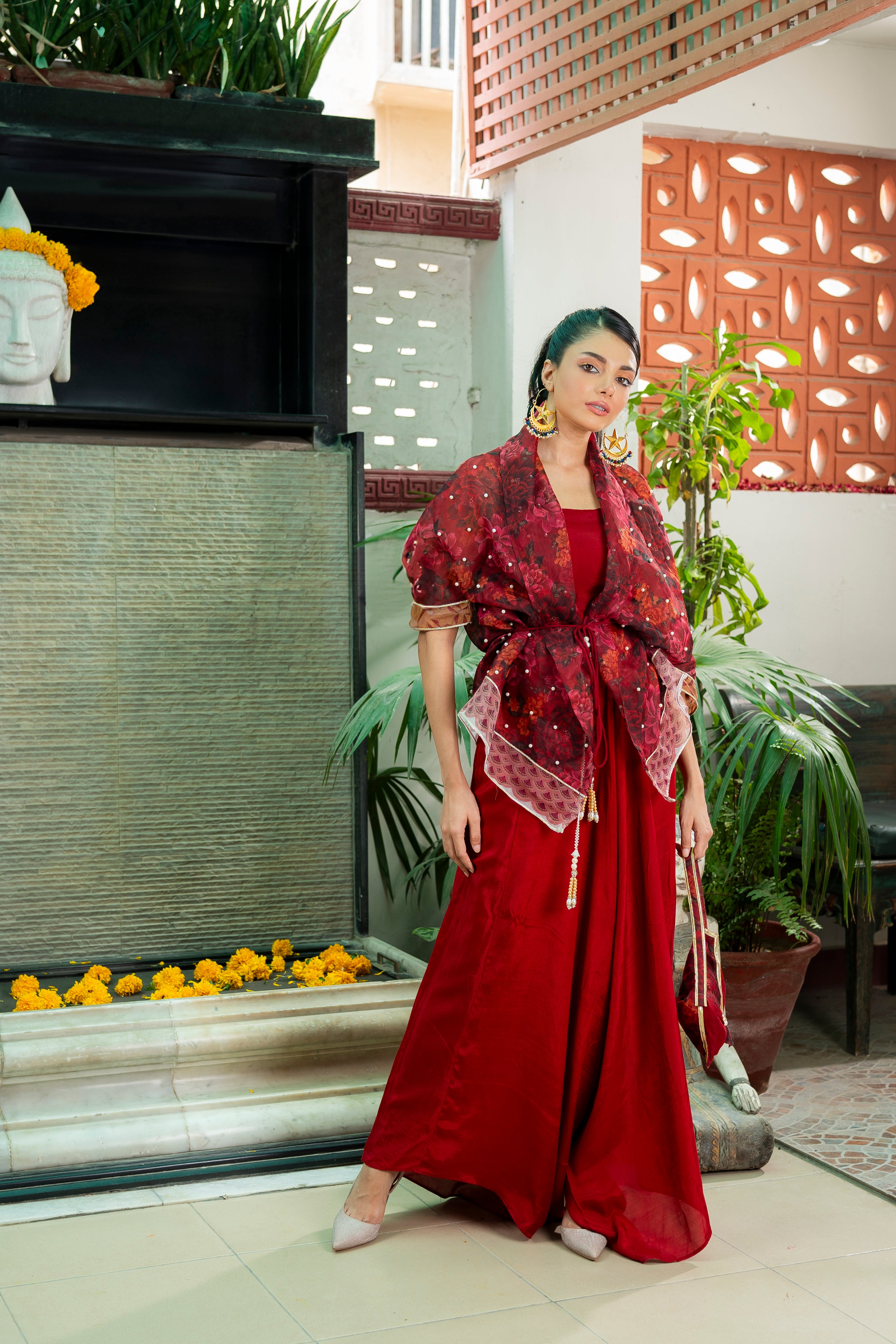 Deep Red Printed Organza & Cotton Silk Cape Set (3-Piece) - Image 5