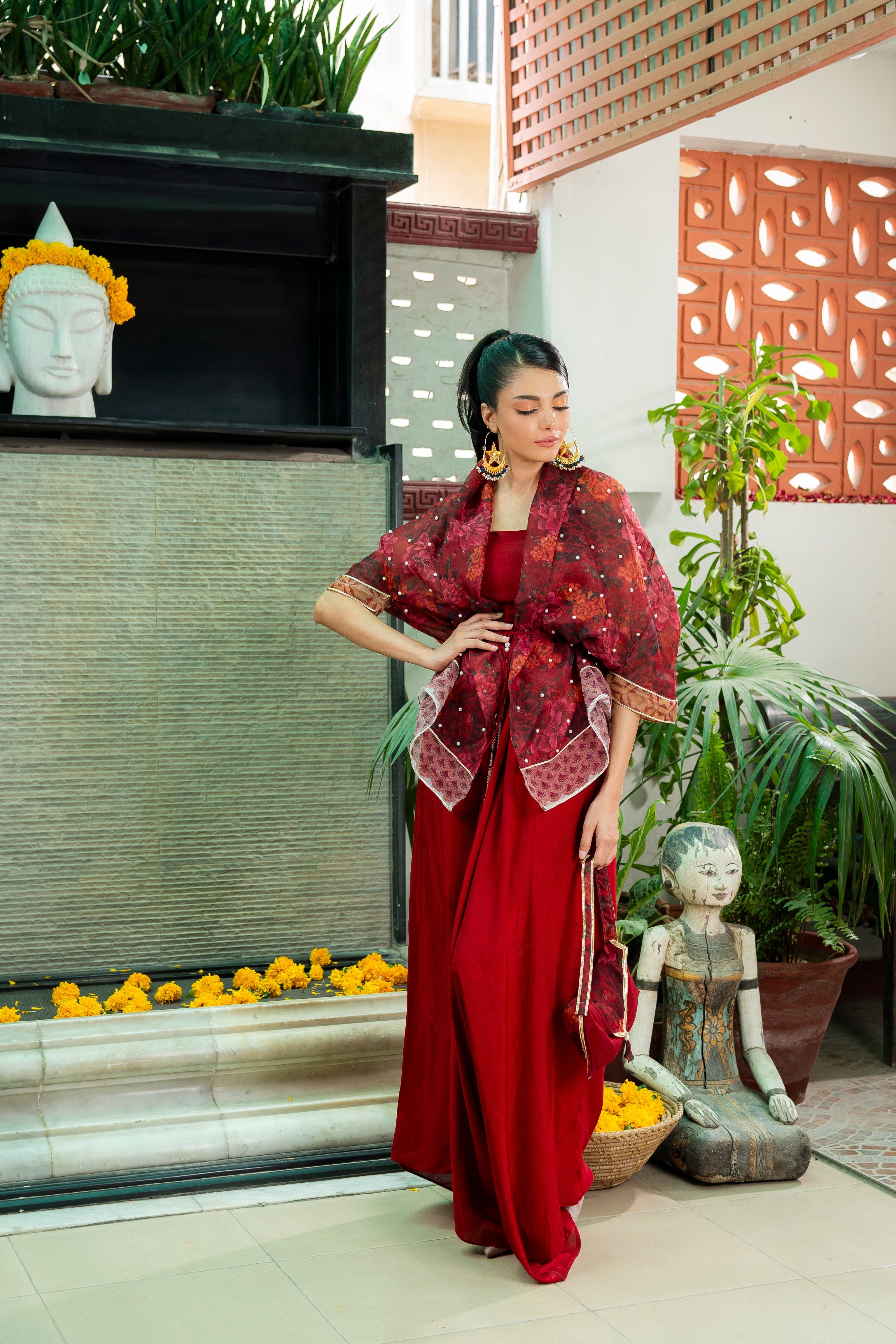 Deep Red Printed Organza & Cotton Silk Cape Set (3-Piece) - Image 6