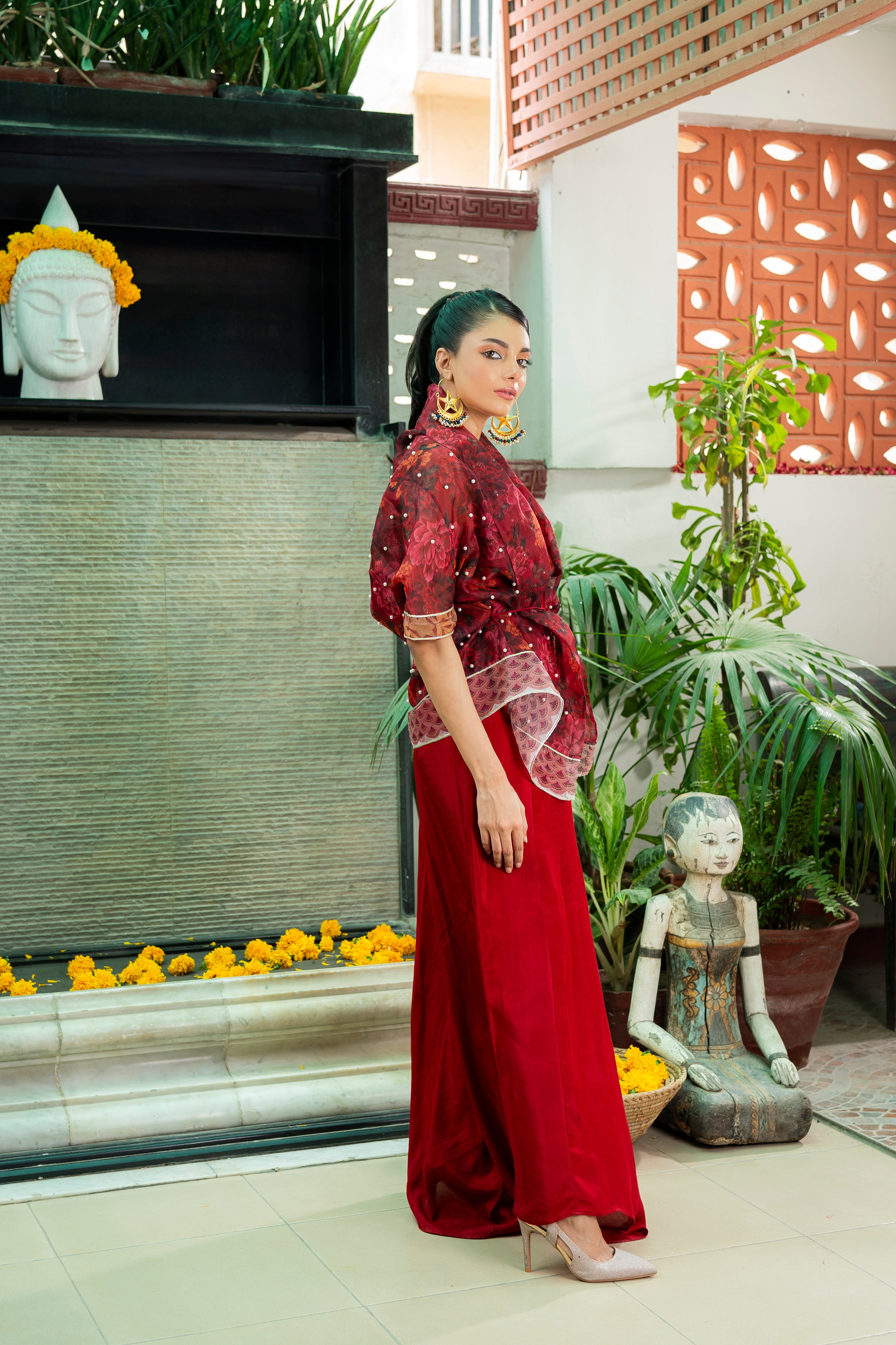 Deep Red Printed Organza & Cotton Silk Cape Set (3-Piece) - Image 7