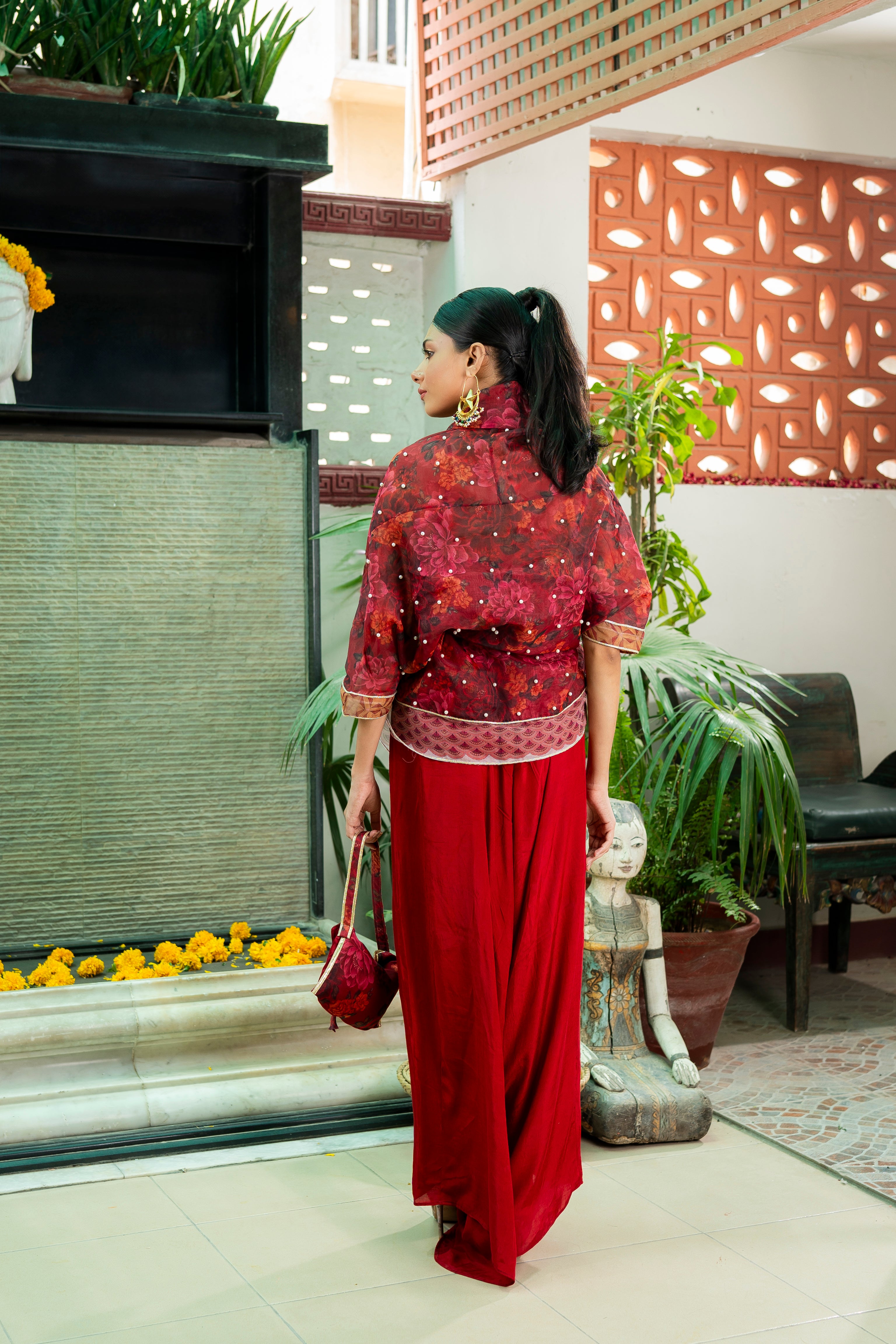 Deep Red Printed Organza & Cotton Silk Cape Set (3-Piece) - Image 8