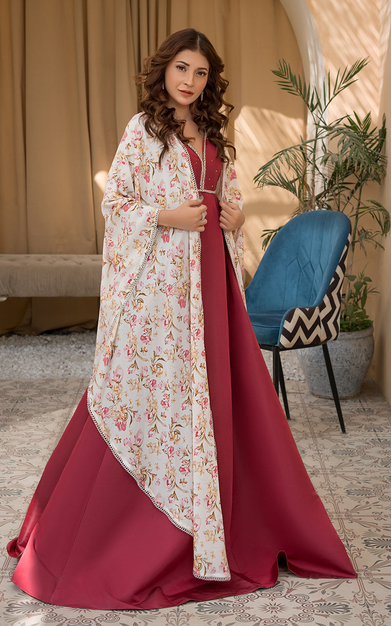 Pakistani Deep Rose Pearl Embellished Maxi Dress (2-Piece) - Image 2