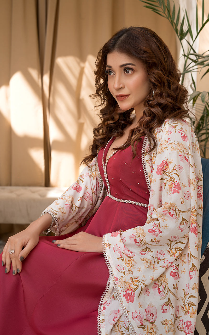 Pakistani Deep Rose Pearl Embellished Maxi Dress (2-Piece) - Image 3